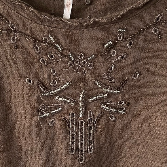 Free People Easy Does It Tee Brown Beaded Top Size Small - Picture 4 of 12